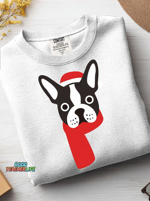 Christmas Boston Bulldog Decorative Pattern Casual Sweatshirt