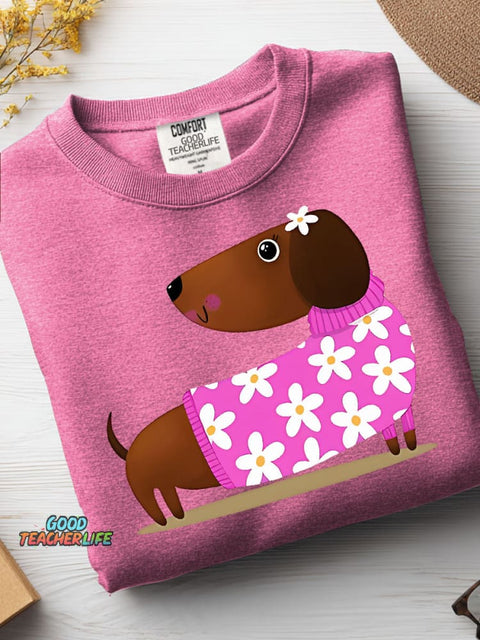 Decorative Pattern of Dachshund Wearing A Floral Sweater Casual Sweatshirt