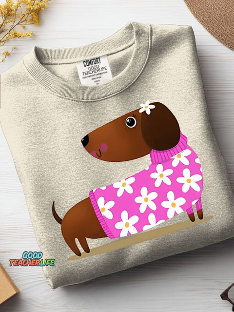 Decorative Pattern of Dachshund Wearing A Floral Sweater Casual Sweatshirt