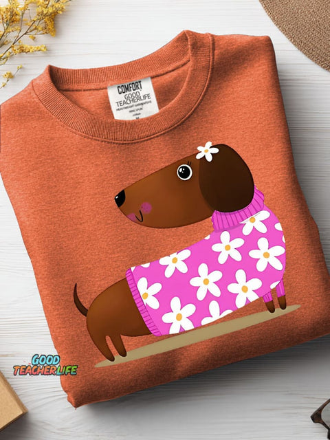 Decorative Pattern of Dachshund Wearing A Floral Sweater Casual Sweatshirt