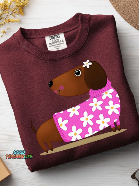Decorative Pattern of Dachshund Wearing A Floral Sweater Casual Sweatshirt