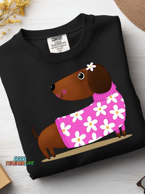 Decorative Pattern of Dachshund Wearing A Floral Sweater Casual Sweatshirt