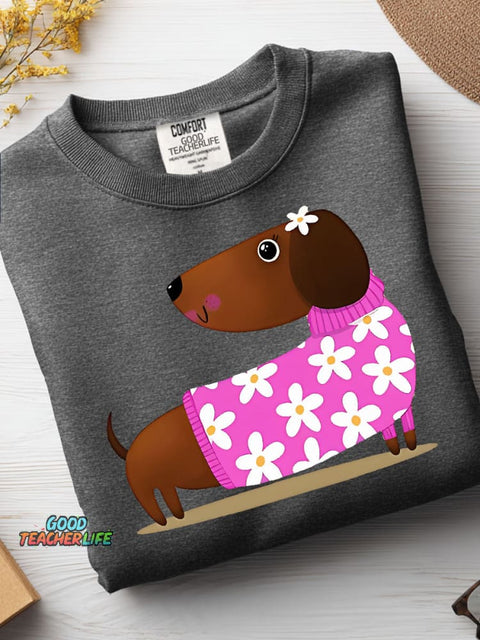 Decorative Pattern of Dachshund Wearing A Floral Sweater Casual Sweatshirt