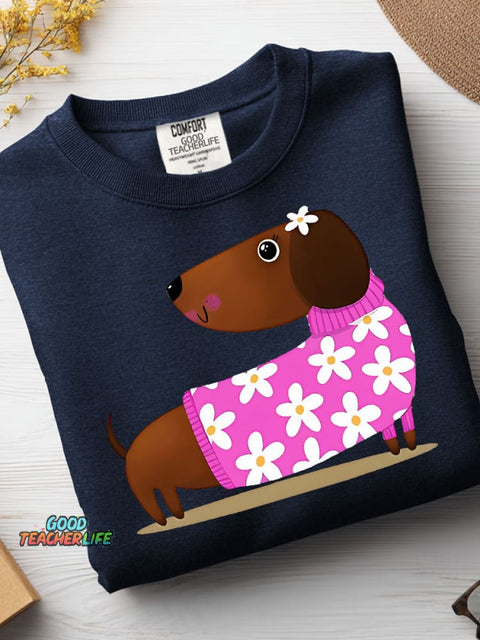 Decorative Pattern of Dachshund Wearing A Floral Sweater Casual Sweatshirt