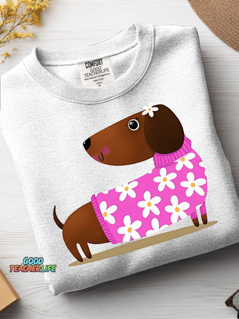 Decorative Pattern of Dachshund Wearing A Floral Sweater Casual Sweatshirt