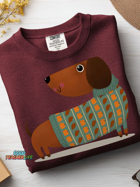 Autumn Sweater Dachshund Decorative Pattern Casual Sweatshirt