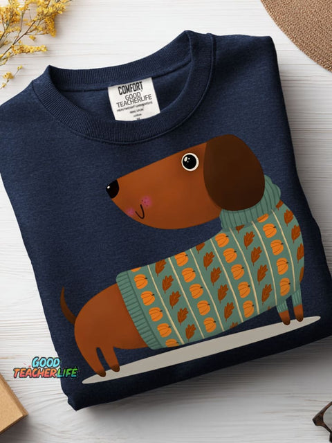 Autumn Sweater Dachshund Decorative Pattern Casual Sweatshirt