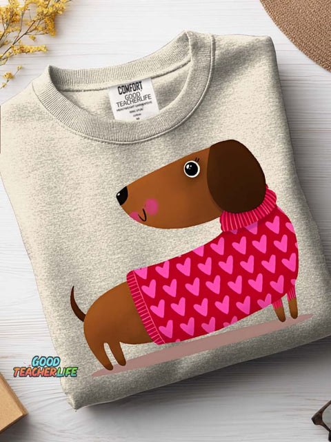 Decorative Pattern of Dachshund Wearing Heart Sweater Casual Sweatshirt