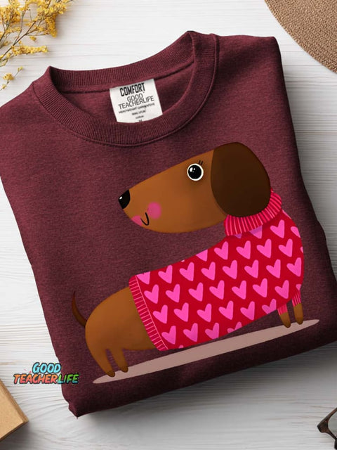 Decorative Pattern of Dachshund Wearing Heart Sweater Casual Sweatshirt