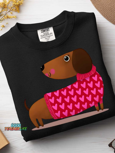 Decorative Pattern of Dachshund Wearing Heart Sweater Casual Sweatshirt