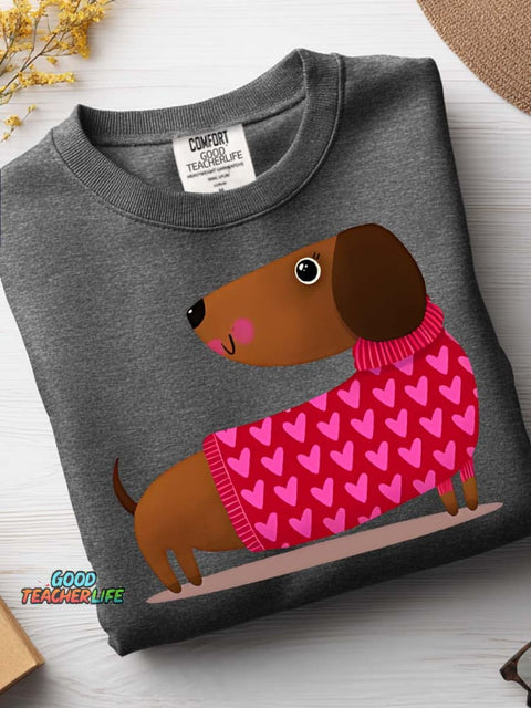 Decorative Pattern of Dachshund Wearing Heart Sweater Casual Sweatshirt
