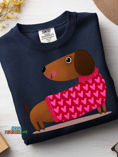 Decorative Pattern of Dachshund Wearing Heart Sweater Casual Sweatshirt
