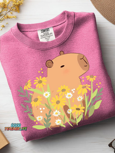 Cute Capybara and Flower Decorative Pattern Casual Sweatshirt