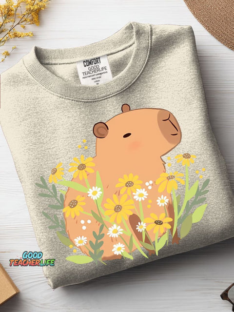 Cute Capybara and Flower Decorative Pattern Casual Sweatshirt
