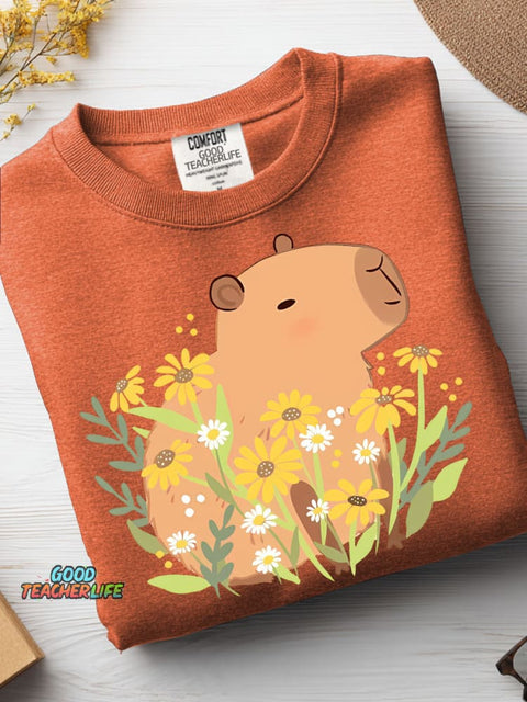 Cute Capybara and Flower Decorative Pattern Casual Sweatshirt