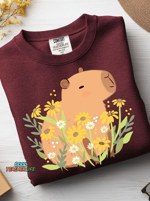 Cute Capybara and Flower Decorative Pattern Casual Sweatshirt