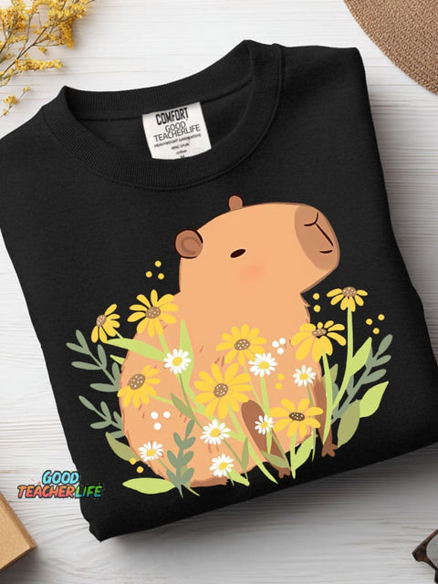 Cute Capybara and Flower Decorative Pattern Casual Sweatshirt