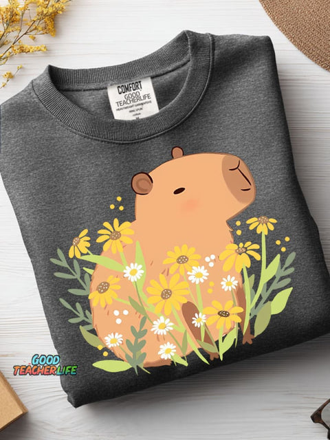 Cute Capybara and Flower Decorative Pattern Casual Sweatshirt