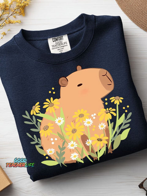 Cute Capybara and Flower Decorative Pattern Casual Sweatshirt