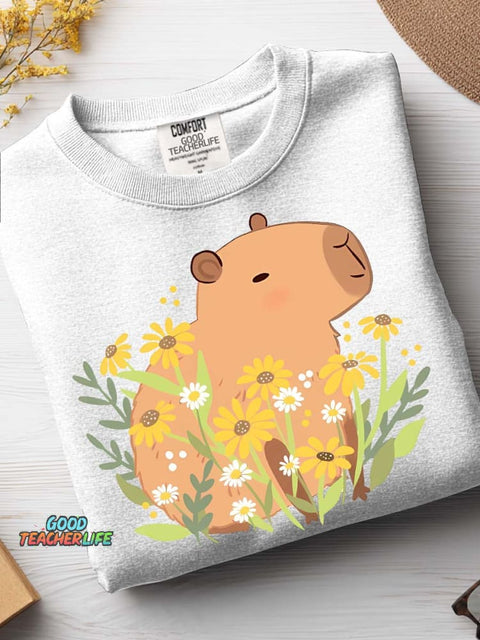 Cute Capybara and Flower Decorative Pattern Casual Sweatshirt
