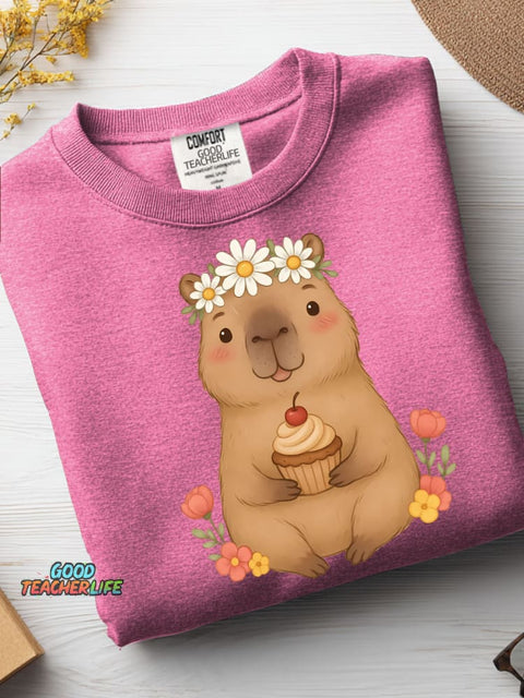 Cute Capybara and Cupcake Decorative Pattern Casual Sweatshirt