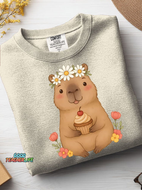 Cute Capybara and Cupcake Decorative Pattern Casual Sweatshirt