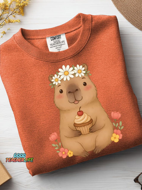 Cute Capybara and Cupcake Decorative Pattern Casual Sweatshirt