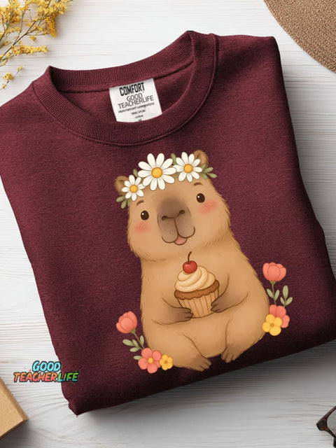 Cute Capybara and Cupcake Decorative Pattern Casual Sweatshirt