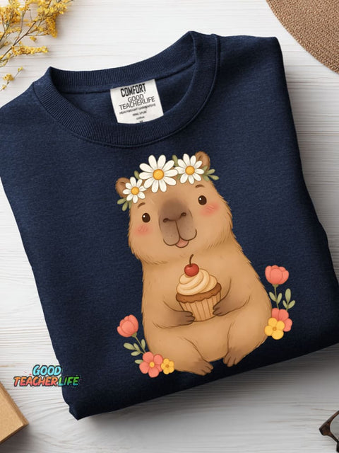 Cute Capybara and Cupcake Decorative Pattern Casual Sweatshirt
