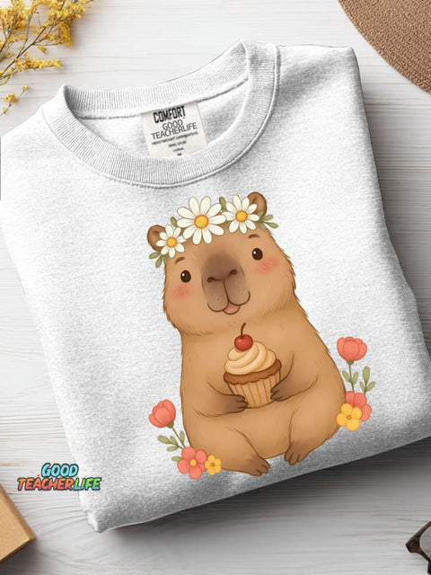 Cute Capybara and Cupcake Decorative Pattern Casual Sweatshirt