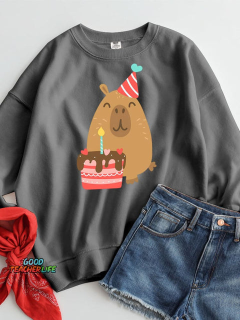 Happy Birthday Capybara Decorative Pattern Casual Sweatshirt
