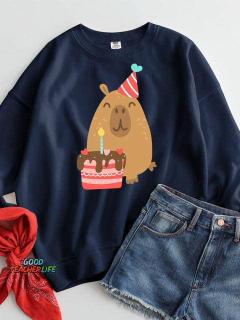 Happy Birthday Capybara Decorative Pattern Casual Sweatshirt