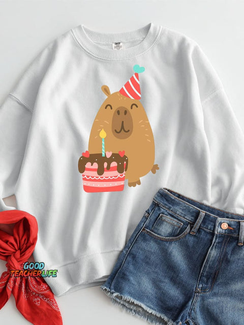 Happy Birthday Capybara Decorative Pattern Casual Sweatshirt