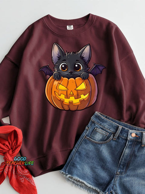 Halloween Bat Cat Decorative Pattern Casual Sweatshirt
