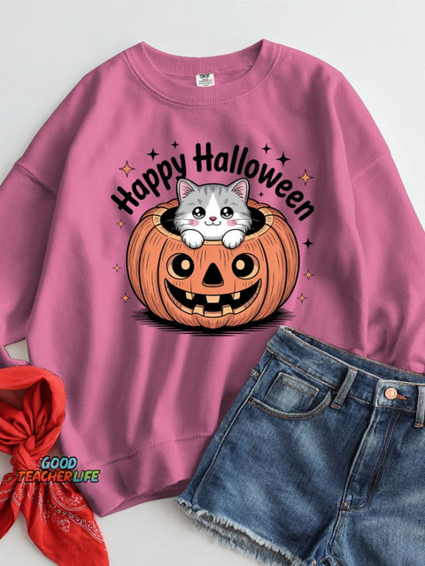 Halloween Pumpkin Cat Decoration Pattern Casual Sweatshirt