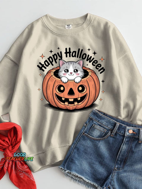 Halloween Pumpkin Cat Decoration Pattern Casual Sweatshirt