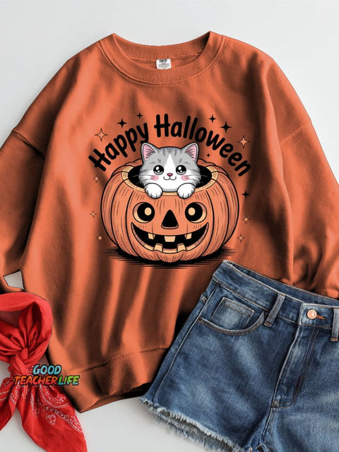 Halloween Pumpkin Cat Decoration Pattern Casual Sweatshirt