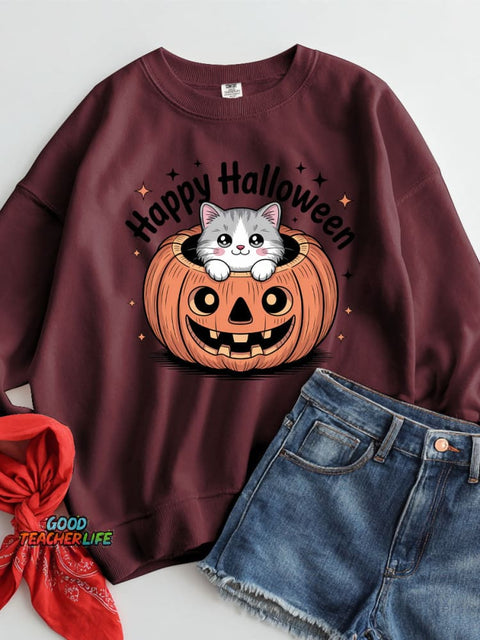 Halloween Pumpkin Cat Decoration Pattern Casual Sweatshirt