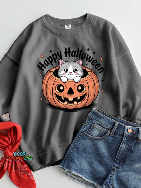 Halloween Pumpkin Cat Decoration Pattern Casual Sweatshirt