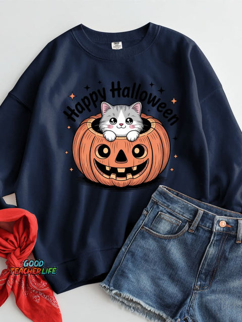 Halloween Pumpkin Cat Decoration Pattern Casual Sweatshirt
