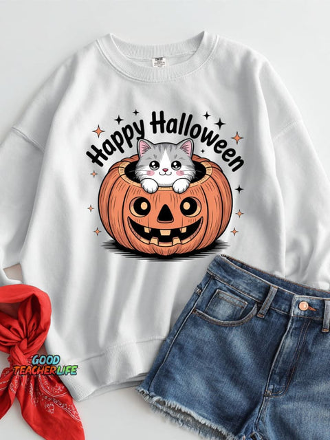 Halloween Pumpkin Cat Decoration Pattern Casual Sweatshirt