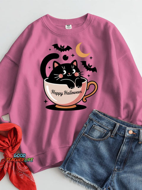Halloween Pumpkin Black Cat Decorative Pattern Casual Sweatshirt