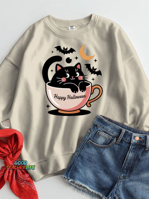 Halloween Pumpkin Black Cat Decorative Pattern Casual Sweatshirt