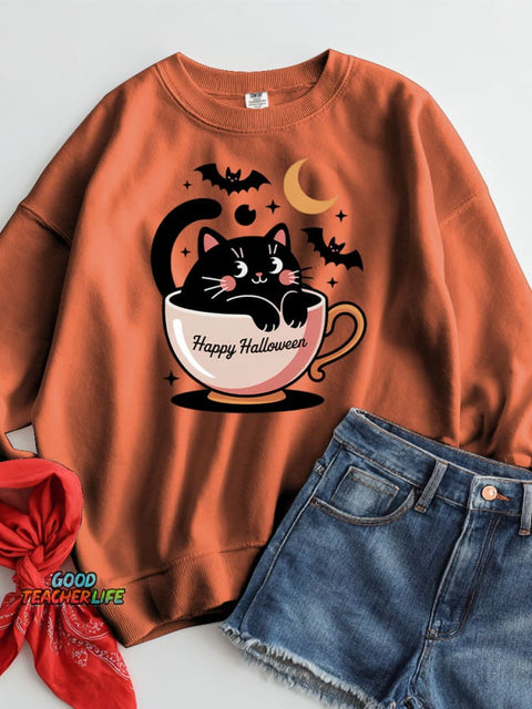 Halloween Pumpkin Black Cat Decorative Pattern Casual Sweatshirt