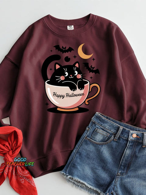 Halloween Pumpkin Black Cat Decorative Pattern Casual Sweatshirt