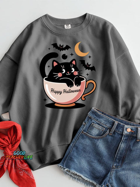 Halloween Pumpkin Black Cat Decorative Pattern Casual Sweatshirt