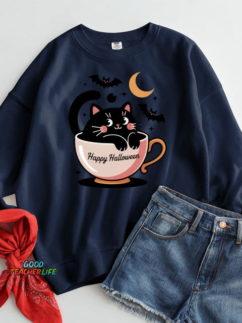 Halloween Pumpkin Black Cat Decorative Pattern Casual Sweatshirt