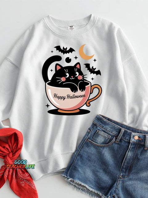 Halloween Pumpkin Black Cat Decorative Pattern Casual Sweatshirt