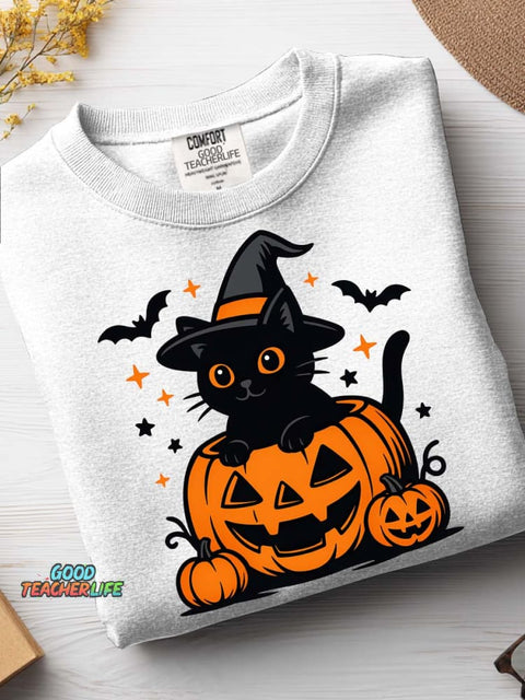 Halloween Black Cat Pumpkin Decoration Pattern Casual Sweatshirt