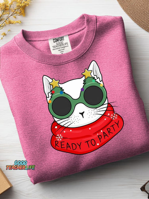 Christmas Cat Ready To Party Casual Sweatshirt
